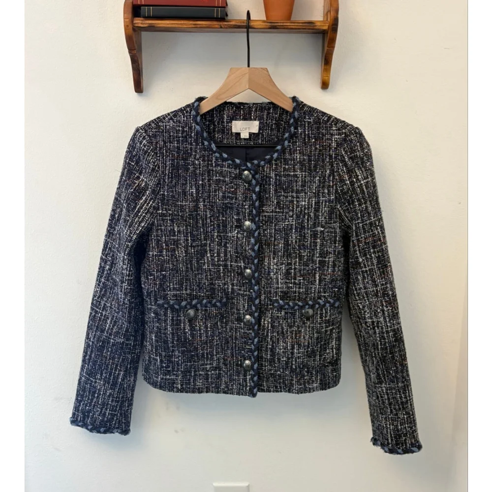 LOFT Cropped Tweed Jacket in a multi color blue, light blue, red and white